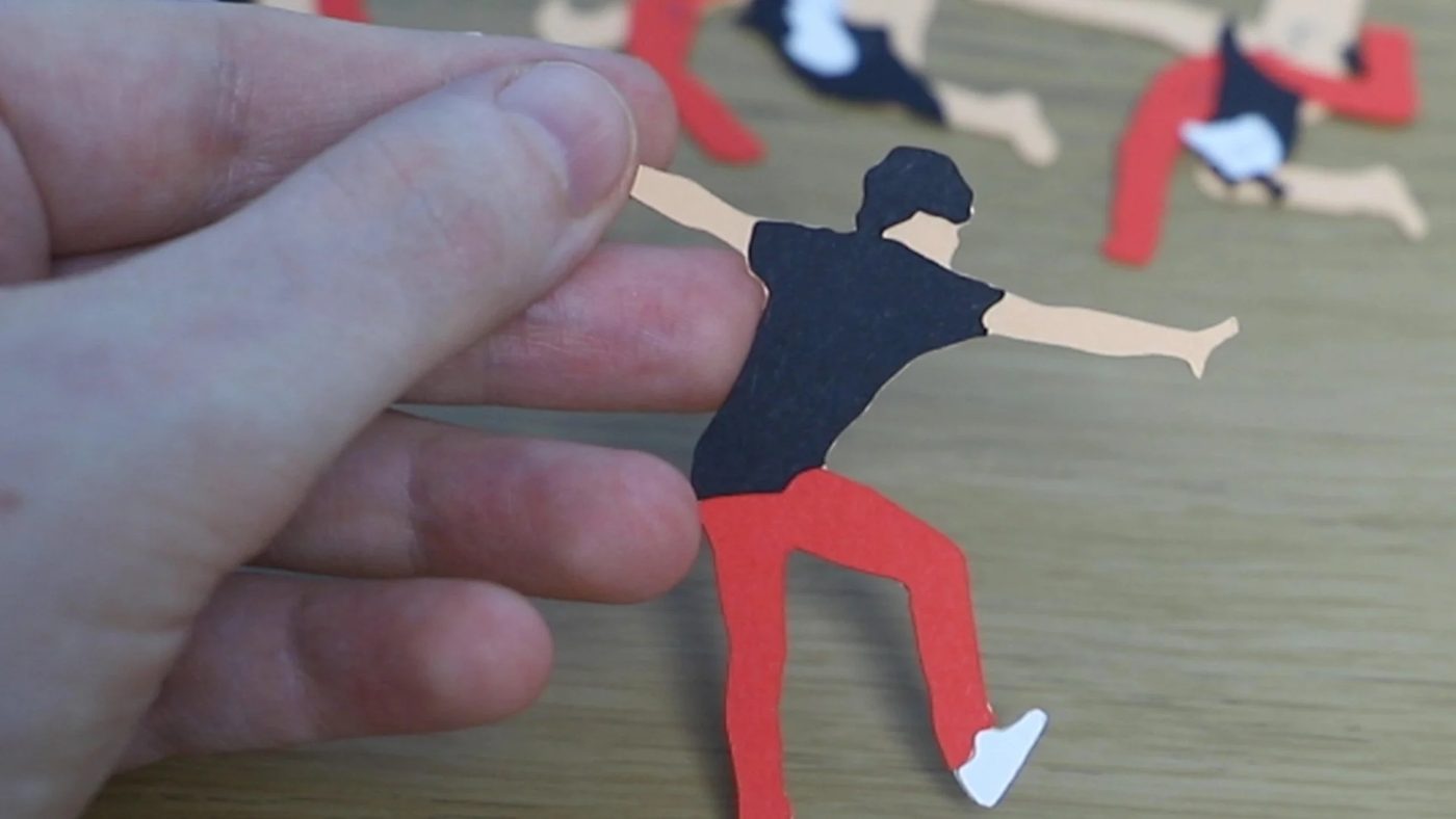 A paper cut-out figure used in a stop-motion animation